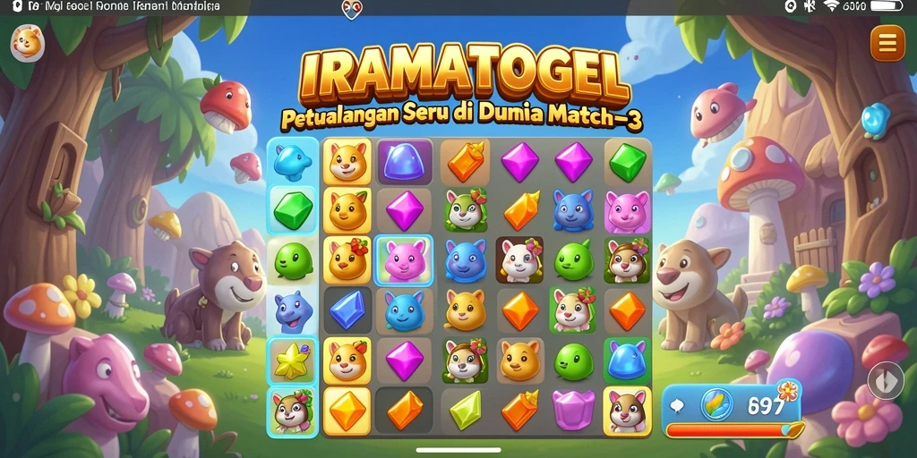 Tangkapan layar gameplay <strong>IRAMATOGEL</strong> menampilkan aksi mencocokkan batu berwarna.