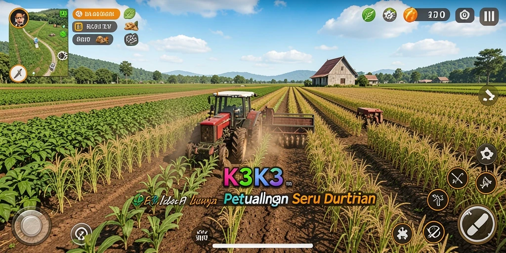 Tampilan menarik dari gameplay K3K3 yang menggambarkan suasana pertanian yang ceria.