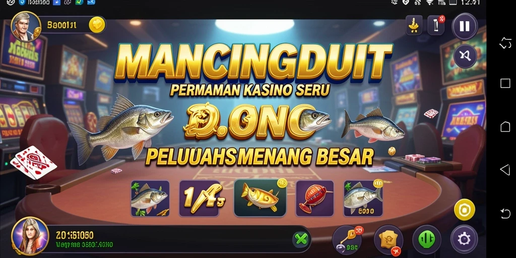 Tampilan gameplay MANCINGDUIT dengan aksi memancing di kasino.